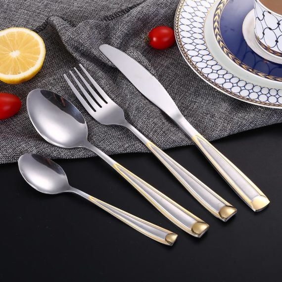 24pcs Gold Plate Stainless Steel Cutlery Set Dinnerware Tableware Silverware Dinner Knife Fork